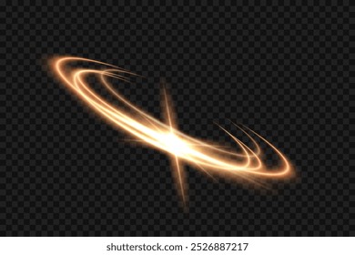 Goldenes Licht Neon Leuchten wirbeln Hintergrund. Gold Licht leuchtenden Kreislinie des Neon-Effekt. Glänzender Spiralring mit Abfackelung und Blitz. Vektorgrafik des Glitzer funkeln Wirbeltrail-Effekt auf Schwarz.