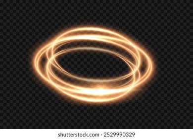 Golden light neon glow swirl background. Gold light glowing circle line of neon effect. Shiny spiral spin ring with flare and flash. Vector illustration of glitter sparkle swirl trail effect on black.