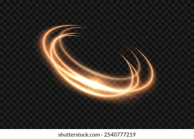 Fondo de remolino de resplandor de neón claro dorado. Línea de círculo brillante de luz dorada de efecto neón. Brillante anillo de giro en espiral con destello y flash. Ilustración vectorial de efecto de remolino de brillo brillante sobre negro.