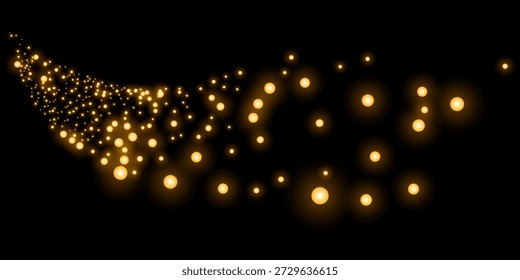Goldene Lichtpartikel fließen auf schwarzem Hintergrund, luxuriöser glühender Bokeh-Effekt, funkelnde Energiebewegung, abstrakter Luxusbewegungseffekt
