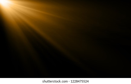 Golden light ray or sun beam vector background. Abstract gold light flash spotlight backdrop with golden sunlight shine on black background