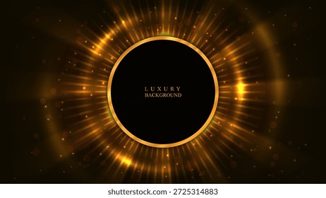 golden light rays with abstract yellow light lines with floating bokeh effect and gold placeholder in black luxury background template