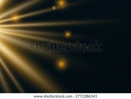Golden light rays emanating from a bright source on a transparent dark background with abstract radiance luminescence