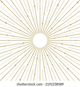 Golden light rays frame. Vintage shine burst background. Radiant sparks. Vector illustration. Sun beam ray sunburst background. 