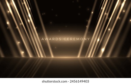 Golden light rays scene with stars and sparkles. Award ceremony vector abstract background.