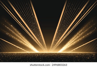 Golden light rays shining on black background. Vector realistic illustration of bright yellow beams shimmering and sparkling in darkness, abstract glitter illumination effect, magic sunshine energy