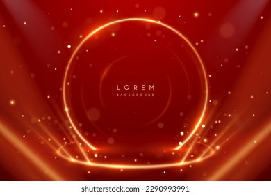 Golden light rings stage on red background with rays