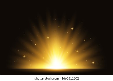 Golden light rising up. Exploding flash, star burst and yellow sparkle. Light effect, golden glowing flash with gold neon rays. Half flare. Vector illustration.