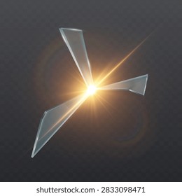 Golden light shining through floating glass shards on dark background