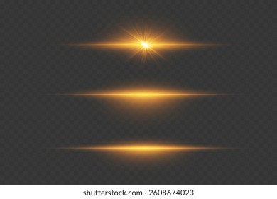 Golden light of star flare. On transparent background.