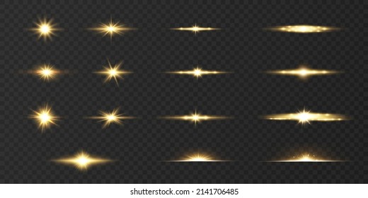 La luz dorada de la estrella brilla y brilla sobre un fondo transparente. Conjunto aislado de vectores de luz solar e iconos de luz de lluvia con efecto de destello de lente.