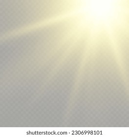 Golden light star, yellow sun rays, flash sparkles. Shiny hot star lights, summer concept gold bright and vibrant color background. Orange summer sunlight burst. Vector illustration. 