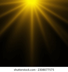 Golden light star, yellow sun rays, flash sparkles. Shiny hot star lights, summer concept gold bright and vibrant color background. Orange summer sunlight burst. Vector illustration. 