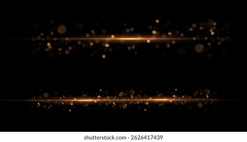 Golden light streaks with starburst effect, neon flare and radiant shine on dark backdrop, magical glowing lines with motion blur, abstract vector illustration background