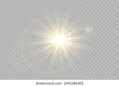 Luz dorada, luz solar y efecto amanecer. Resplandor. Una explosión sobre un fondo transparente. Partículas de polvo mágico. Una estrella brillante. Sol brillante transparente, flash brillante. Vector brillo