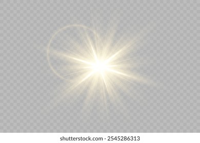 Luz dorada, luz solar y efecto amanecer. Resplandor. Una explosión sobre un fondo transparente. Partículas de polvo mágico. Una estrella brillante. Sol brillante transparente, flash brillante. Vector brillo
