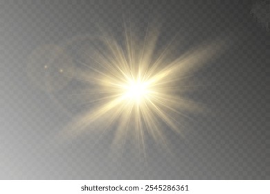 Luz dorada, luz solar y efecto amanecer. Resplandor. Una explosión sobre un fondo transparente. Partículas de polvo mágico. Una estrella brillante. Sol brillante transparente, flash brillante. Vector brillo