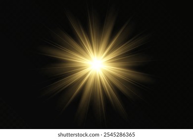 Golden light, sunlight and dawn effect. Glare. An explosion on a transparent background. Sparkling particles of magic dust. A bright star. Transparent glowing sun, bright flash. Vector glitter