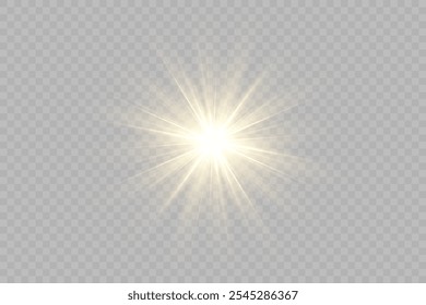 Golden light, sunlight and dawn effect. Glare. An explosion on a transparent background. Sparkling particles of magic dust. A bright star. Transparent glowing sun, bright flash. Vector glitter