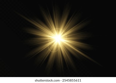 Golden light, sunlight and dawn effect. Glare. An explosion on a transparent background. Sparkling particles of magic dust. A bright star. Transparent glowing sun, bright flash. Vector glitter