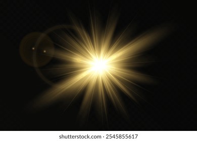 Golden light, sunlight and dawn effect. Glare. An explosion on a transparent background. Sparkling particles of magic dust. A bright star. Transparent glowing sun, bright flash. Vector glitter