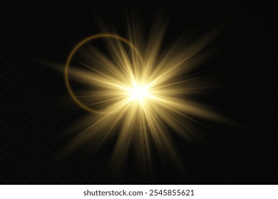 Golden light, sunlight and dawn effect. Glare. An explosion on a transparent background. Sparkling particles of magic dust. A bright star. Transparent glowing sun, bright flash. Vector glitter