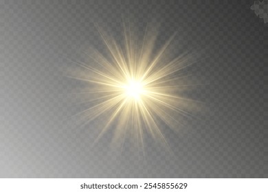 Golden light, sunlight and dawn effect. Glare. An explosion on a transparent background. Sparkling particles of magic dust. A bright star. Transparent glowing sun, bright flash. Vector glitter