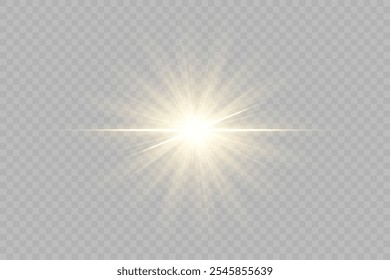Golden light, sunlight and dawn effect. Glare. An explosion on a transparent background. Sparkling particles of magic dust. A bright star. Transparent glowing sun, bright flash. Vector glitter