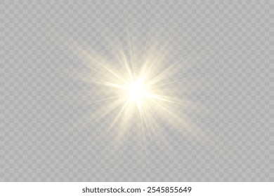 Luz dorada, luz solar y efecto amanecer. Resplandor. Una explosión sobre un fondo transparente. Partículas de polvo mágico. Una estrella brillante. Sol brillante transparente, flash brillante. Vector brillo