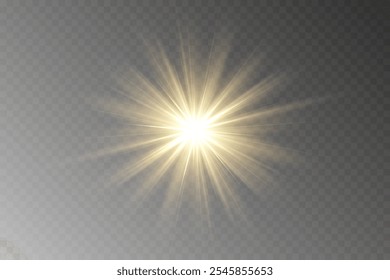 Goldenes Licht, Sonnenlicht und Dämmerungseffekt. Blendung. Eine Explosion auf transparentem Hintergrund. Zauberstaubpartikel. Ein heller Stern. Transparent leuchtende Sonne, heller Blitz. Vektorglitzer