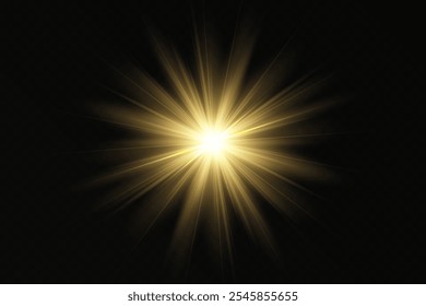 Golden light, sunlight and dawn effect. Glare. An explosion on a transparent background. Sparkling particles of magic dust. A bright star. Transparent glowing sun, bright flash. Vector glitter