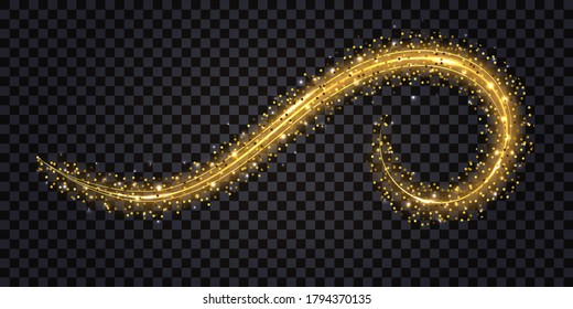 Golden light swirl wave. Glowing gold wavy  lines and magic shiny sparkles. Isolated element on transparent background, vector illustration