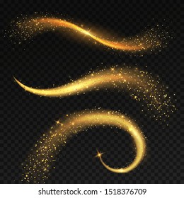 Golden light tails. Magic fairy stardust with yellow sparkles, christmas shiny star light. Glittering comets and festive flare tail isolated vector swirling glitter bright set