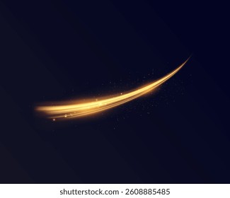 Golden light trail with glowing particles on dark background, abstract motion and speed concept.