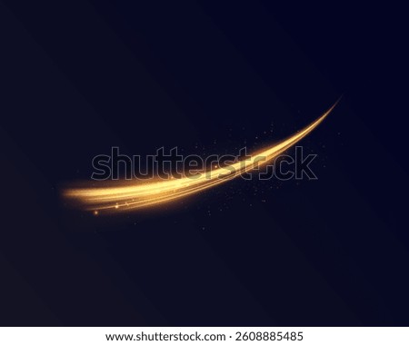 Golden light trail with glowing particles on dark background, abstract motion and speed concept.
