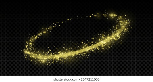 Golden light trail with magic sparkles and glowing swirl. Abstract curved wave with shimmer, dust and flare on black transparent background. Dynamic 3D fantasy ring vector illustration.