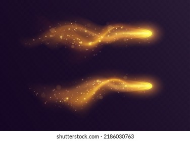 Golden light trail, magic stardust with haze and sparkles, realistic fireball. Fantasy game vfx effect, spell blast in motion isolated on dark background. Vector illustration.