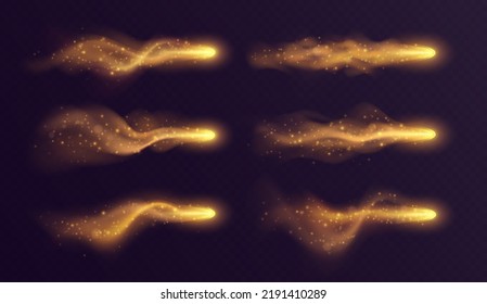 Golden light trail, magic stardust with haze and sparkles, realistic fireball. Fantasy game vfx effect, spell blast in motion isolated on dark background. Vector illustration.