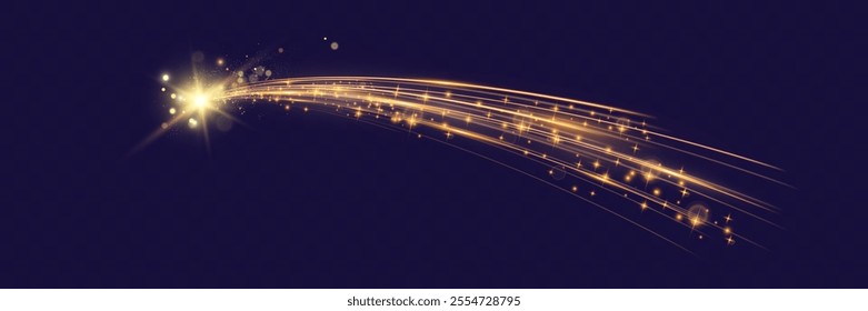 Golden light trail with sparkling particles on dark background, resembling a shooting star or magic effect, perfect for holiday, celebration, or abstract design themes.