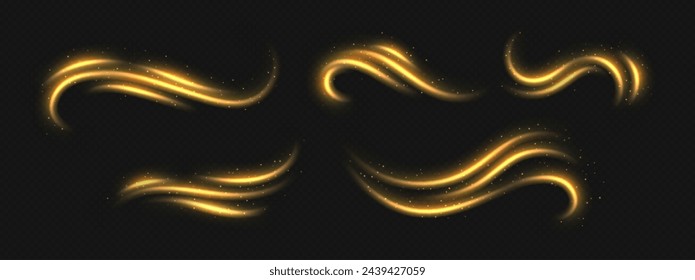 Golden light trails, light in motion, glowing speed lines with sparkles. Bright gold decoration, luminescent swirls isolated on black. Vector illustration.