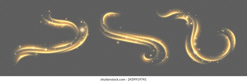 Golden light trails, light in motion, glowing speed lines with sparkles. Bright gold decoration, luminescent swirls isolated on grey background. Vector illustration.