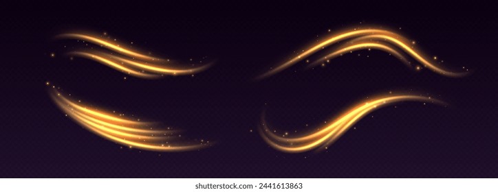 Golden light trails, light in motion, glowing speed lines with sparkles. Bright gold decoration, luminescent swirls isolated on black background. Vector illustration.