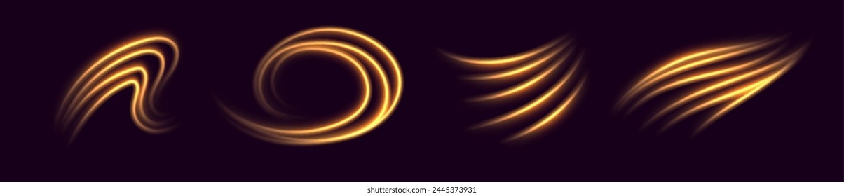 Golden light trails, light in motion, glowing speed lines. Bright gold decoration, luminescent swirls isolated on black background. Vector illustration.