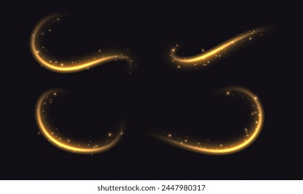 Golden light trails, light in motion, glowing speed lines with sparkles. Bright gold decoration, luminescent swirls isolated on black background. Vector illustration.