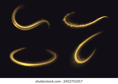 Golden light trails, light in motion, glowing speed lines with sparkles. Bright gold decoration, luminescent swirls isolated on black background. Vector illustration.