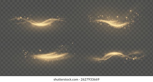 Trilhas de luz dourada, luz em movimento, linhas de velocidade brilhantes com faíscas. Decoração de ouro brilhante, redemoinhos luminescentes isolados no fundo preto. Ilustração vetorial.