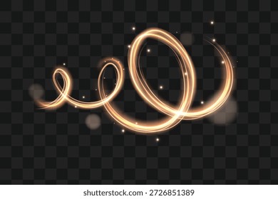 Goldene Lichtspuren, Licht in Bewegung, leuchtende Geschwindigkeitslinien mit Funkeln. Helle Golddekoration, lumineszierende Wirbel einzeln auf schwarzem Hintergrund. Vektorgrafik