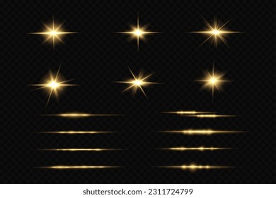 Golden light vectors.Bright gold star.Light flash.Gold glitter.