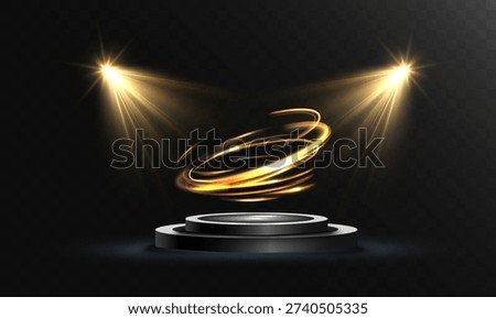 Golden light vortex over podium with spotlights isolated on transparent background