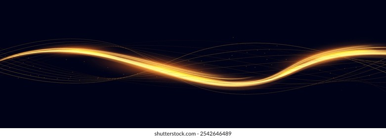 Linhas de velocidade de onda de luz dourada: Elemento de design de ouro brilhante com listras onduladas brilhantes.
